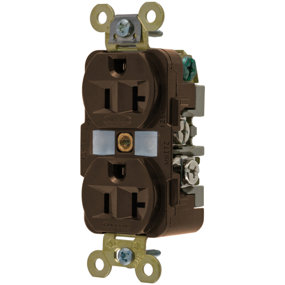 HBL Straight Blade Receptacle, Duplex, Extra Heavy Duty Industrial, 20A, 125V, 2P3W, Brown