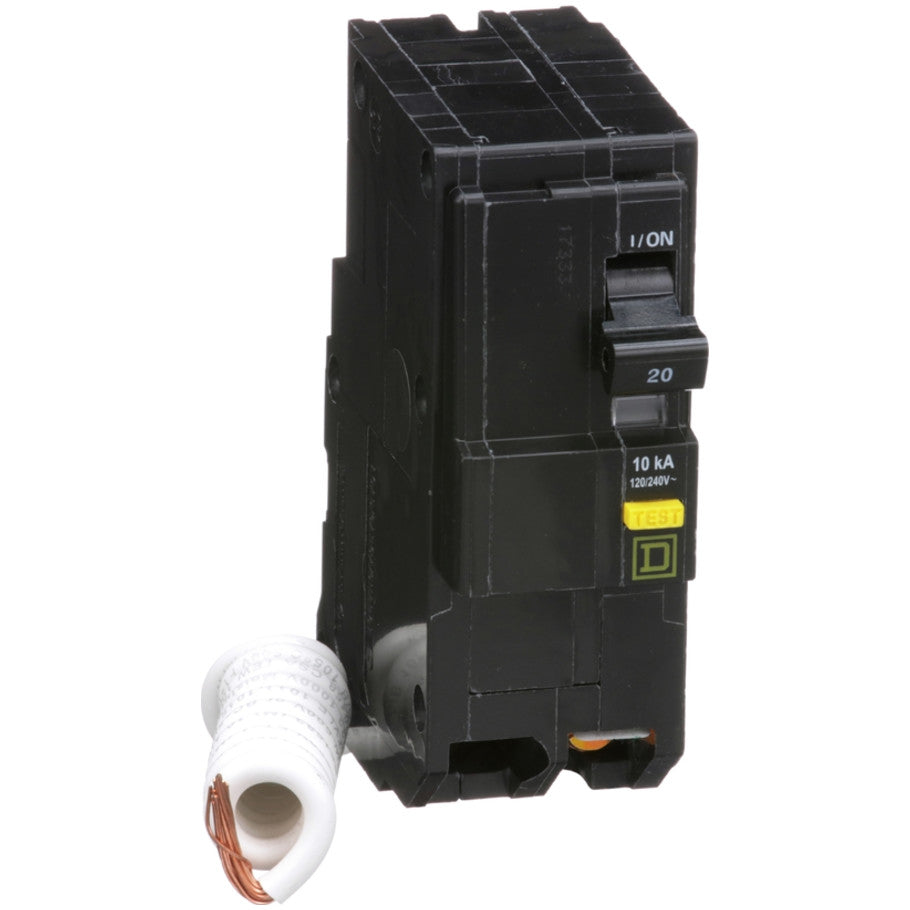 Mini circuit breaker, QO, 20A, 2 pole, 120/240VAC, 10kA, plug in, 6mA grd fault A, pigtail  TAA