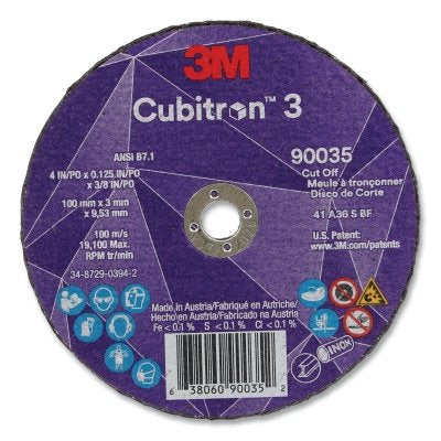 3M 638060-90035 Cubitron 3 Cut-Off Wheel, 4 in dia x 0.125 in Thick x 3/8 in Arbor, 36+ Grit, T1