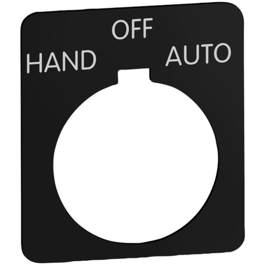 Pushbutton Legend Plate, Plastic, 1-3/4 in. Square, Black Legend with White Letters, Hand-Off-Auto Marking