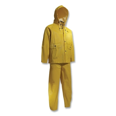 Webtex 3-Pc Rain Suit with Hooded Jacket/Bib Overalls, 0.65 mm Thick, Heavy-Duty Ribbed PVC, Yellow, Large