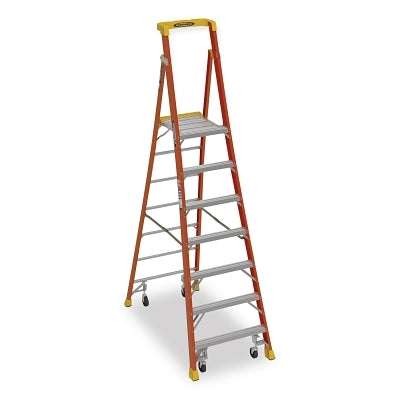 Podium Ladder, PD6207-4C, Type IA, 7 ft, 13 ft Reach, 33 in W, 300 lb Load Capacity, With Casters, Fiberglass, Orange