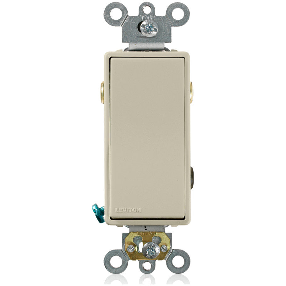Commercial Spec Grade Decora Plus Rocker AC Quiet Switch, 3-Way, 20A, 120/277V, Self-Grounding, Back and Side Wired, Ivory