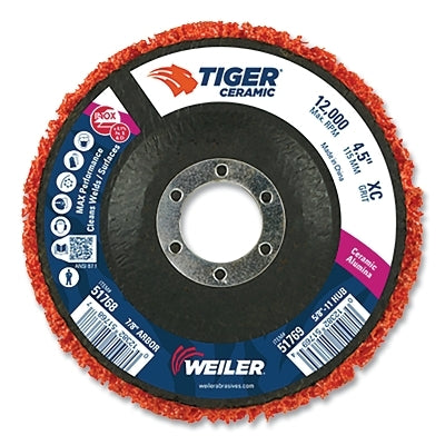 Tiger Strip Disc, 4.5 in dia, 7/8 in Arbor, X-Coarse, 12000 RPM, Ceramic, Orange