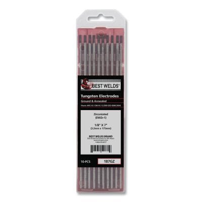 Zirconiated Ground Tungsten Electrode, 1/8 in dia x 7 in L, 10 PK