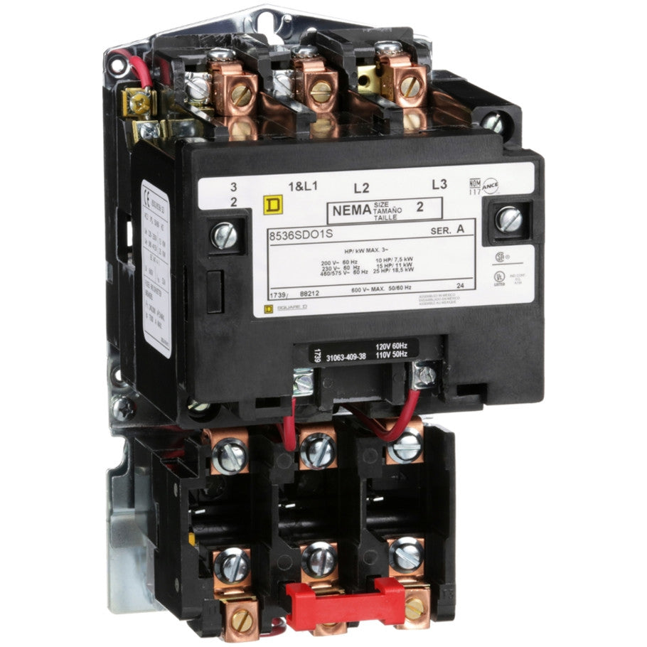 NEMA Rated Magnetic Starter, Type S, Non-Reversing, Open Enclosure, 3-Pole, 3-Phase, 45A, NEMA Size 2, 110/120V Coil, Form S