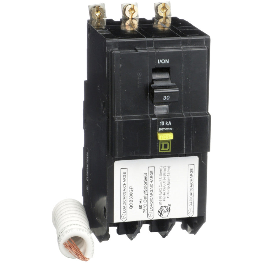 Mini circuit breaker, QO, 30A, 3 pole, 208Y/120VAC, 10kA, bolt on, 6mA grd fault A, pigtail  TAA