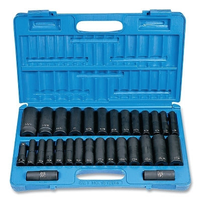 Impact Socket Set, 1/2 in Dr, Metric/SAE, 6-point, 7/16 in to 1-1/4 in and 10 mm to 27 mm, 30-Pc Deep Length