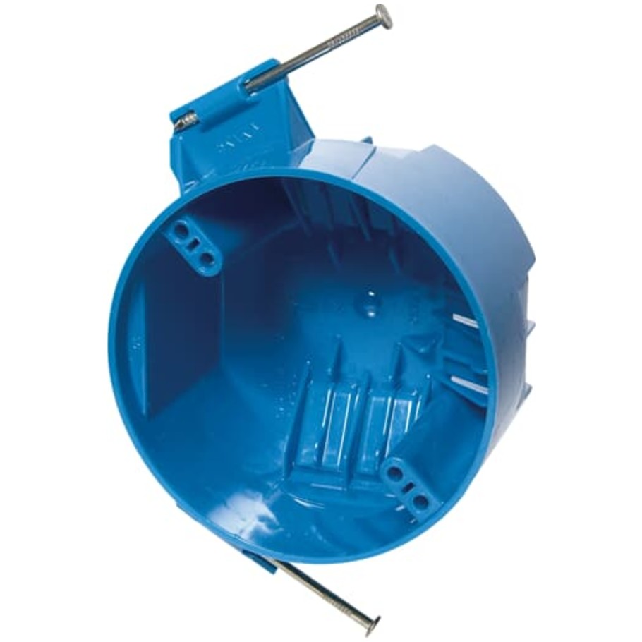 Carlon Ceiling Box, Polycarbonate, Blue, 4 in. Dia., 2-1/4 in.D, Captive Nails, Ground Lug/Screw Attached, Fixture Spacing