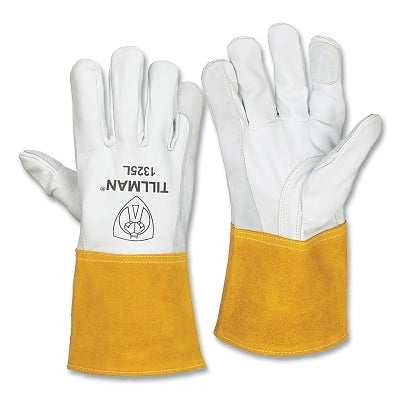 TIG Welding Gloves, 1325, Top Gr Goatskin Palm/BOH/Split Cowhide Cuff, Med, Pearl/Bourbon Brn, 4 in L Straight Cuff