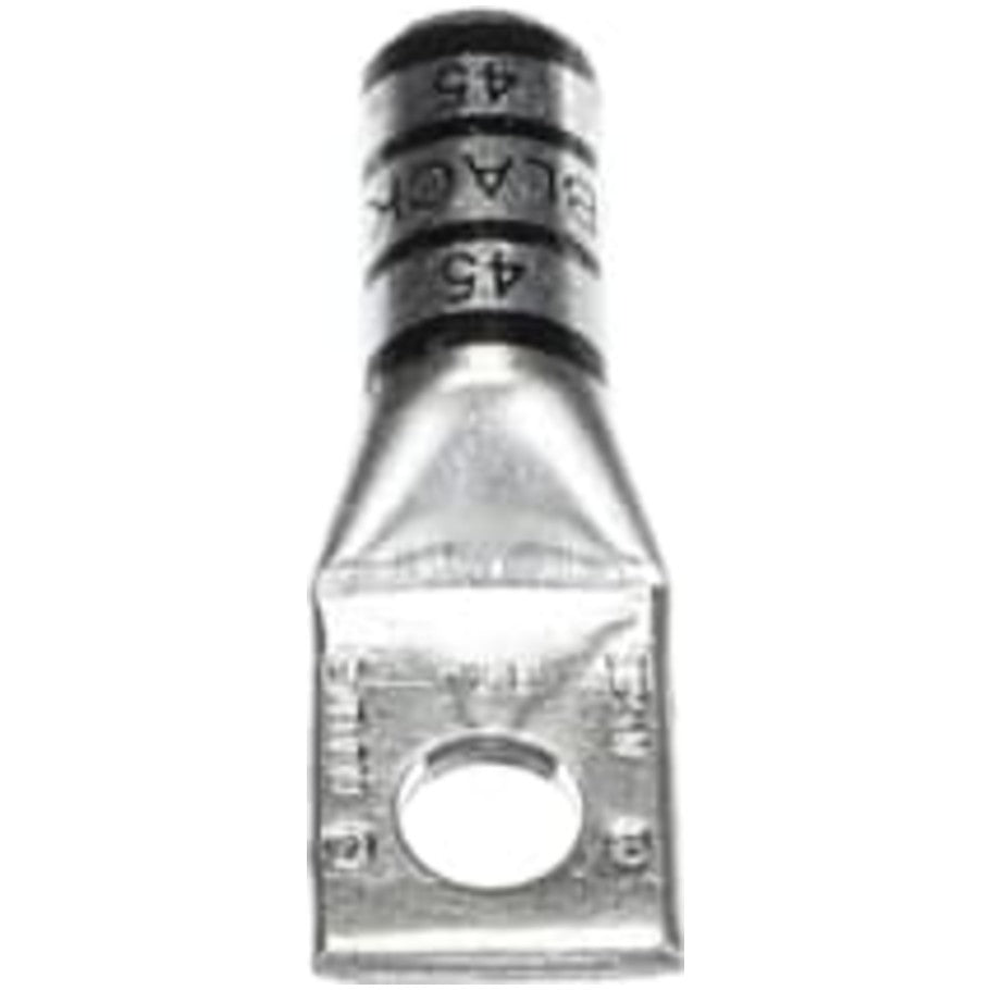 Copper One-Hole Lug, Long Barrel, Blind End, Max 35kV, Wire Size 2/0 AWG, 3/8 Inch Bolt Size, Die Color Code Black