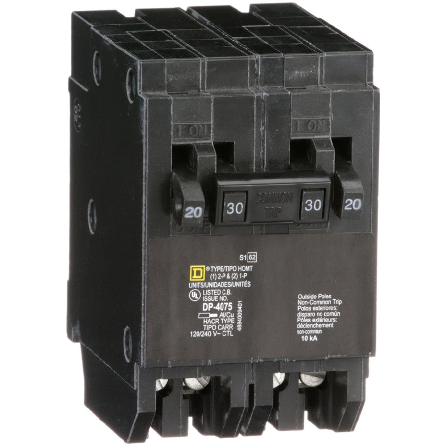 Homeline Quad Tandem Circuit Breaker, Plug-In, 10kA, 120/240 Vac, (2) 1-Pole 20A, (1) 2-Pole 30A