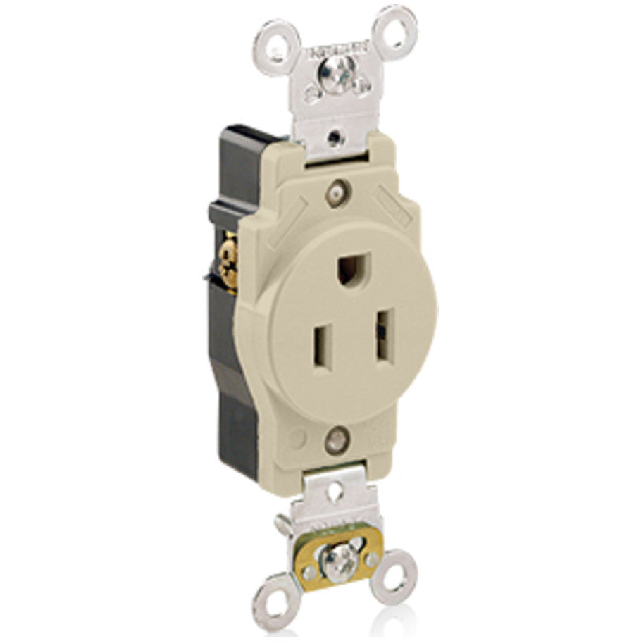Industrial Series Thermoplastic Back and Side-Wired Self-Grounding 15A 125V Straight Blade Single Receptacle, Ivory