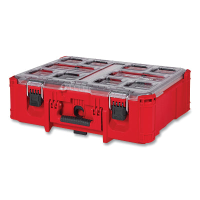 PACKOUT Tool Box, Deep Organizer, 50 lb Cap, 15.2 in W x 7 in H x 19.7 in L, Polymer/Metal, Red/Black/Clear