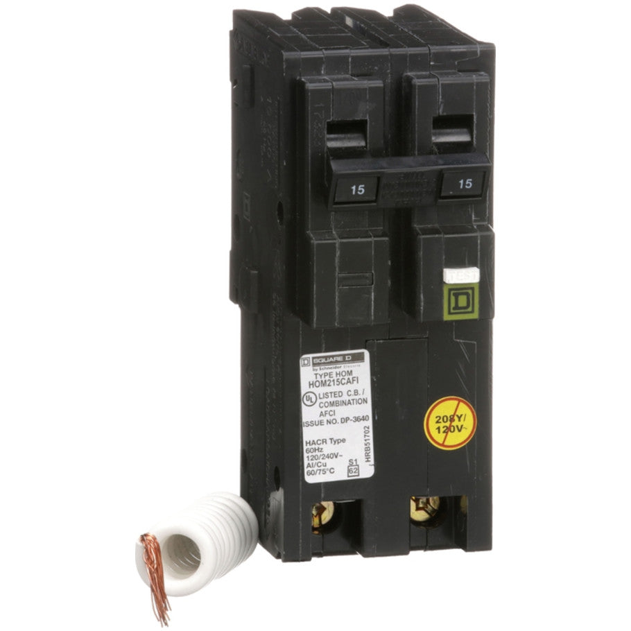 Mini circuit breaker, Homeline, 15A, 2 pole, 120VAC, 10kA AIR, combo arc fault, pigtail neutral, plug in, UL  TAA