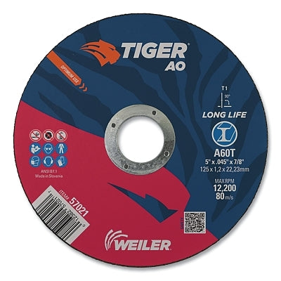 Tiger AO Cutting Wheel, 5 in dia x 0.045 in Thick, 7/8 in Arbor, A60T, Type 1