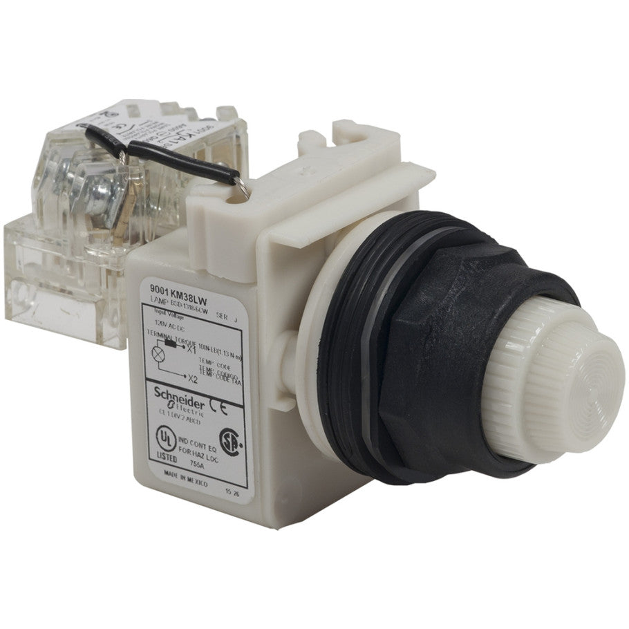 Push-to-test pilot light, Harmony 9001SK, plastic, polycarbonate, fresnel lens, white, 30mm, LED white, 120V