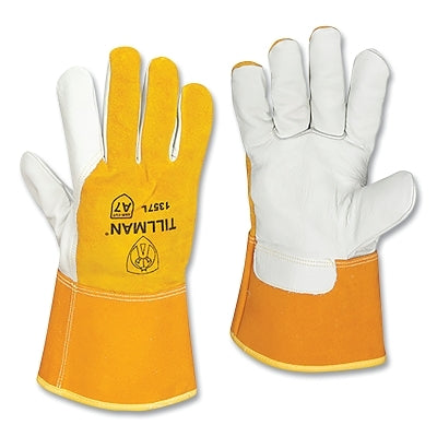 MIG Welding Gloves, 1357, Top Gr Cowhide Palm/Split CH BOH/Cuff, XL, Pearl/Bourbon Brn, 4 in Str Cuff
