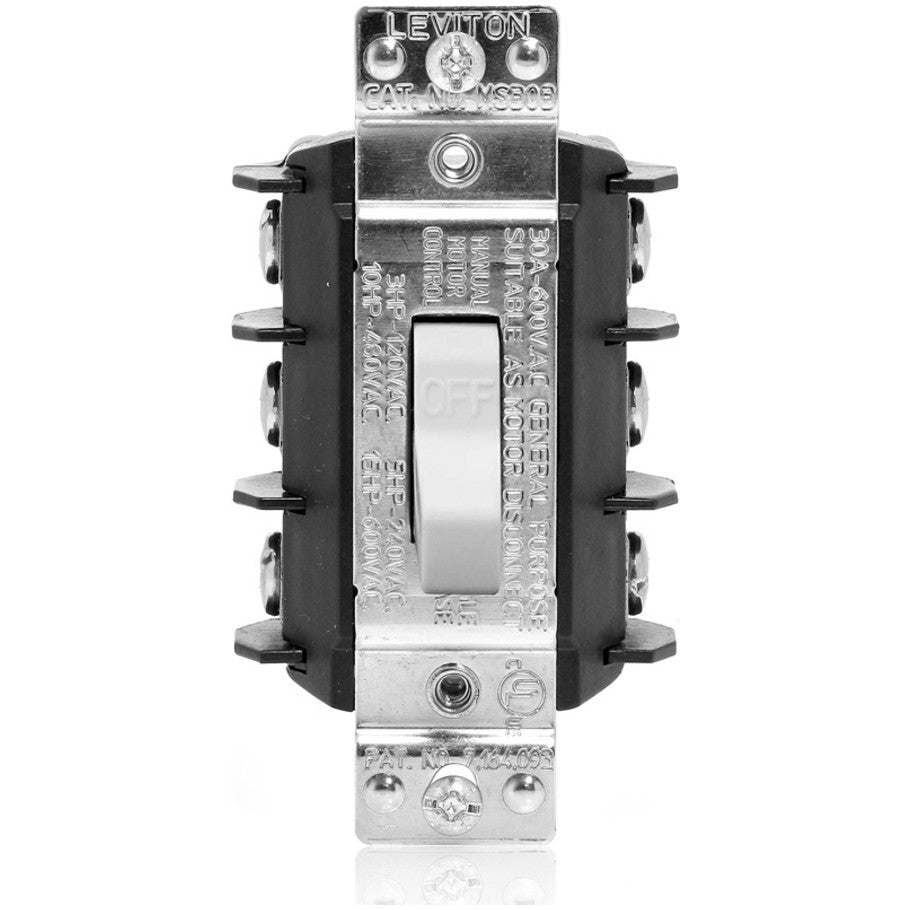 Powerswitch, Toggle Switch, Thermoplastic Polyester, Nickel-Plated Brass, 30A, 600V ac, 3-Pole, Non-Grounding, White