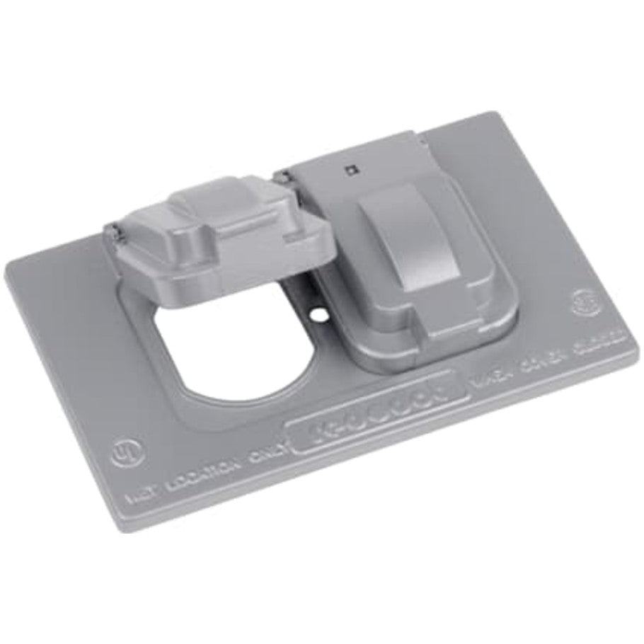 Red-Dot Weatherproof Cover, Die-Cast Aluminum, Lift Lid, Silver, 1-Gang, Device Mount, Duplex Receptacle, Horizontal