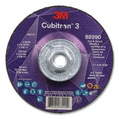 3M 638060-88990 Cubitron 3 Cut and Grind Wheel, 5 in dia x 1/8 in Thick x 5/8 in-11 Arbor, 36+ Grit, T27