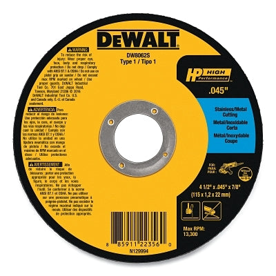 High Performance Cutting Wheel, Type 1, 4-1/2 in dia x 0.045 in Thick x 7/8 in Arbor, 60 Grit, Aluminum Oxide