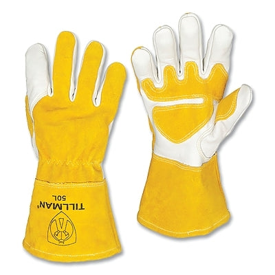 MIG Welding Gloves, 50, Cowhide w/Split CH Palm/Split CH BOH/Cuff, Sm, Bourbon Brn/Pearl, 4 in Shirred Cuff