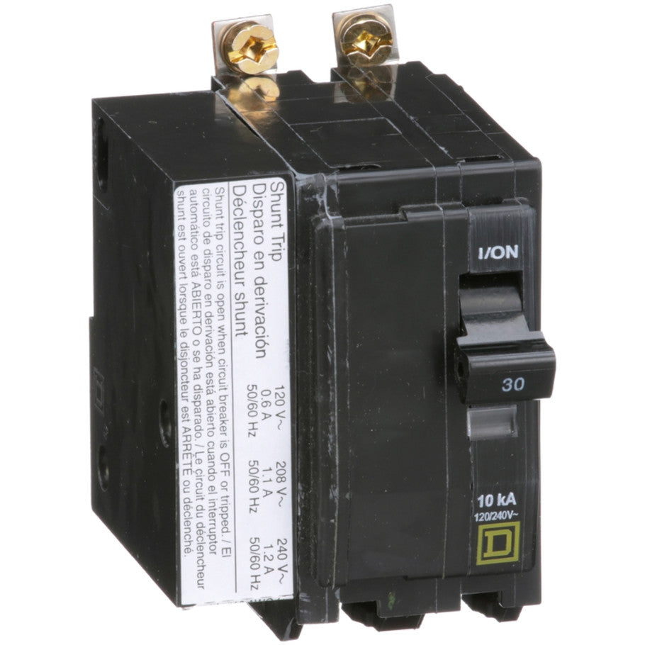 QOB Miniature Circuit Breaker, Bolt On, 2 Pole, 30A, 120/240V, 10kA, Shunt Trip