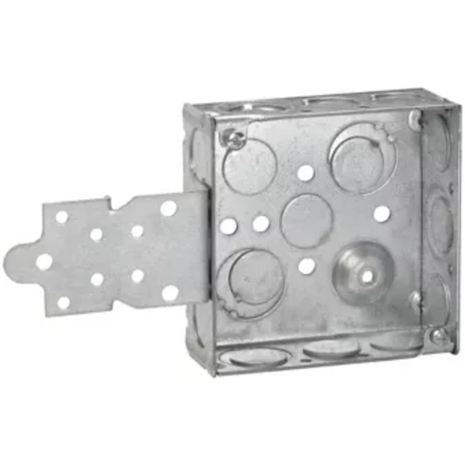 4 Square Box, Steel, Welded, 1-1/2 in.D, (6) 1/2   (3) 1/2 3/4 in. E Side KO, (2) 1/2   (2) 1/2 3/4 in. E Bottom KO, F-Set Flush