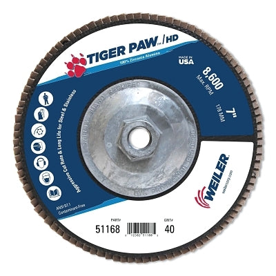 Tiger Paw Super High Density Flap Disc, 7 in dia, 40 Grit, 5/8 in-11 Arbor, 8600 RPM, Type 27 Flat