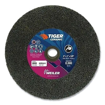 Tiger Snagging Wheel, 6 in dia x 1 in Thick x 5/8 in Arbor, 16 Grit, Zirconia Alumina, Type 1, 5 EA/BX