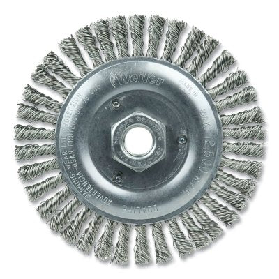 Roughneck Stringer Bead Twist Knot Wire Wheel, 5 in dia x 3/16 in W Face, 0.020 in Stainless Steel Wire, 12500 RPM