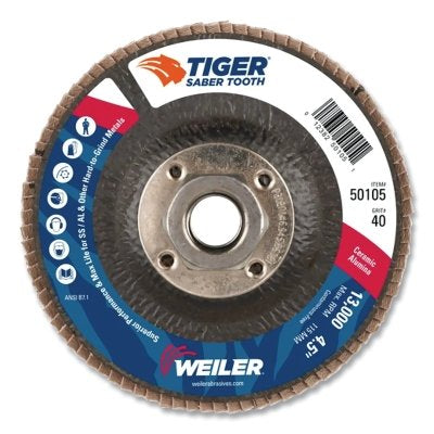 Saber Tooth Ceramic Flap Disc, 4-1/2 in, 40 Grit, 5/8 in Arbor, 13,000 RPM
