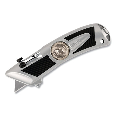 QBAR Smart-Retract Safety Knife, Smart-Retract, 3-Button, Aluminum, Holds 5 Additional Blades, Silver/Black
