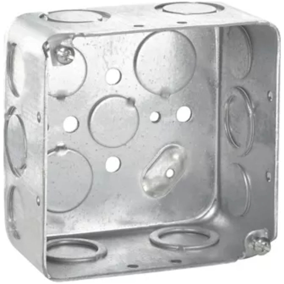 4 Square Box, Steel, Drawn, 2-1/8 in. D, (4) 1/2   (6) 1/2 3/4 in. C Side KO, (3) 1/2   (2) 3/4 in. Bottom KO