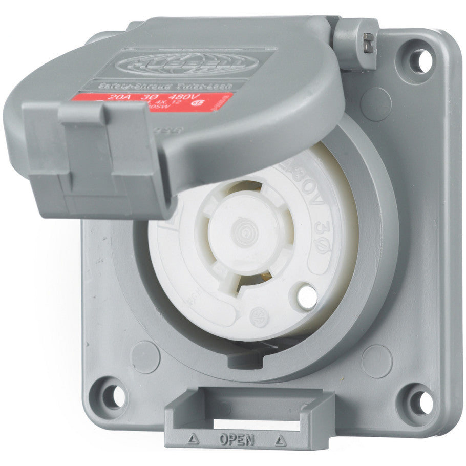 Locking Devices, Twist-Lock, Watertight Safety-Shroud, Receptacle, 20A 3-Phase Delta 480V AC, 3-Pole 4-Wire Grounding, Gray.