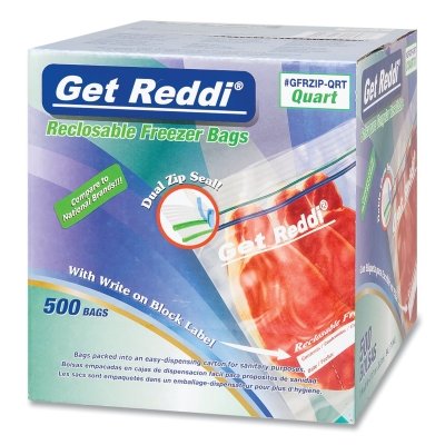 Double Zipper Reclosable Bags, 7 in x 8 in, 1.75 mil, Quart, Freezer