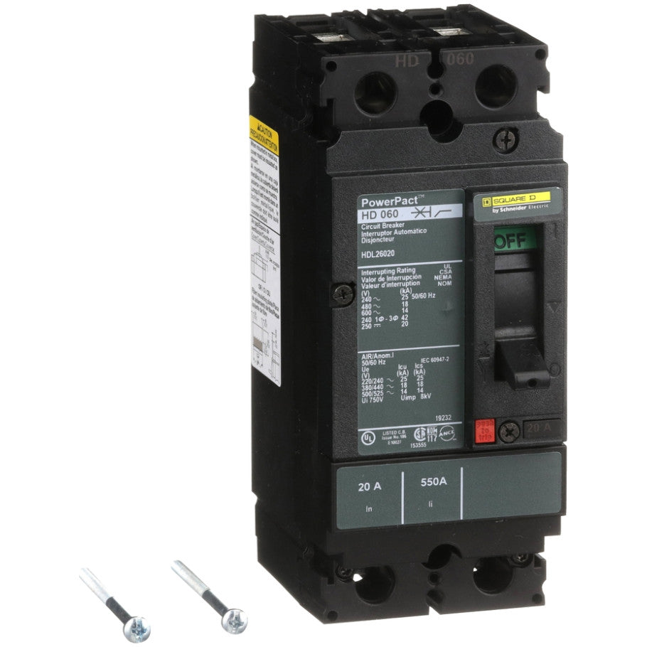 PowerPact Molded Case Circuit Breaker, H-Frame, Unit Mount, 14 kA, 600V, 2-Pole, 20A