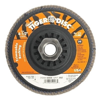 Trimmable Tiger Flap Discs, 4 1/2 in, 80 Grit, 5/8 Arbor, 13,000 rpm