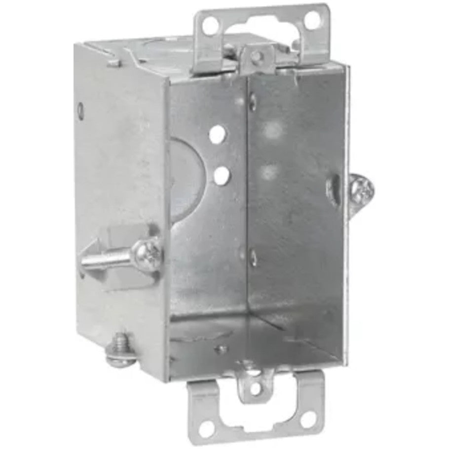 Steel Switch Box, 3x2, Gangable, Conduit, 2-1/2 in.D, (2)1/2 in. Side KO, (1)1/2 in. Bottom KO, Mounting Ears, Hold-Tite Bracket