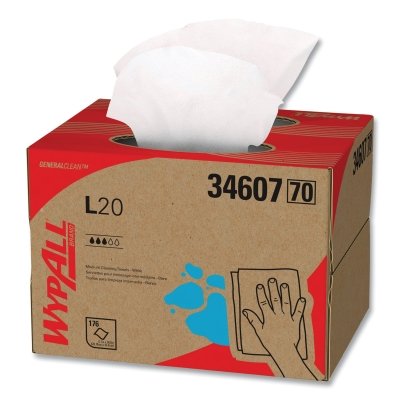 WypAll L20 Wiper, 12.5 in W x 16.8 in L, Brag Box, White, 176/Box, 1 BX/BX