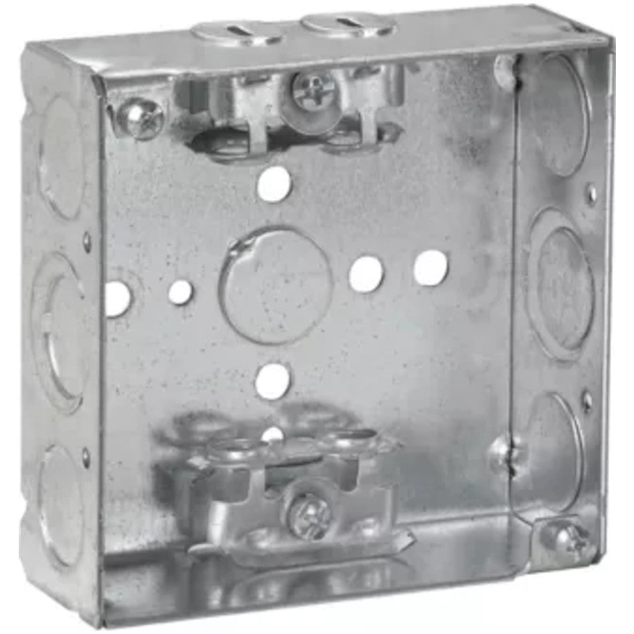 4 Square Box, Steel, Welded, 1-1/2 in. D, (4) Cable Clamps, (4) 1/2   (2) 1/2 3/4 in. E Side KO, (1) 1/2 in. Bottom KO