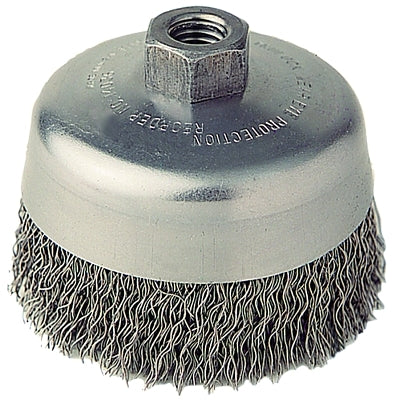 Crimped Wire Cup Brush, 4 in Dia., 5/8 in-11 Arbor, 0.02 in Steel Wire