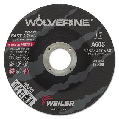 Wolverine Cutting Wheel, WA60S, 4-1/2 in dia, 0.045 in Thick, 7/8 in AH, 60 Grit, Type 27
