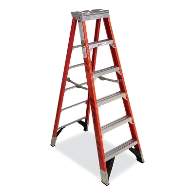 Fiberglass Stepladder, 7406, Type IAA, 6 ft L, 25 in W, Single-Sided, 375 lb Load Capacity, Orange/Black