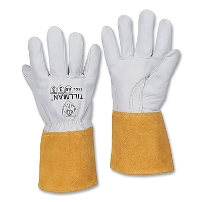 TIG Welding Gloves, 1332, Top Gr Goatskin Palm/BOH/Cuff, 2XL, Pearl/Bourbon Brn, 4 in L Shirred Cuff