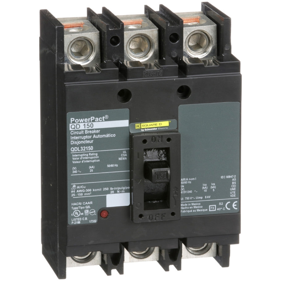 PowerPact Molded Case Circuit Breaker, Q-Frame, Thermal Magnetic, Unit Mount, 25kA, 240 Vac, 3-Pole, 150A