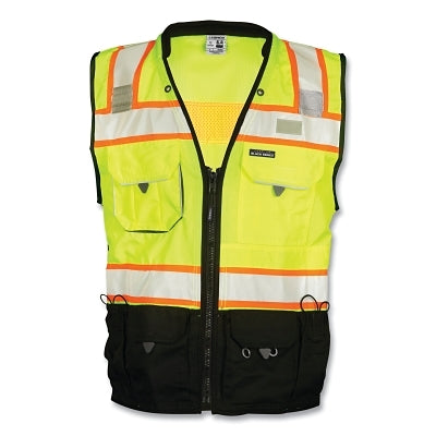 Premium BLACK SERIES Vest, S5002 Surveyors, Black/Lime/Orange/Refl, Med, One 2-Tier/2-Stakes/2-Elastic Spray Cans/6-Pockets