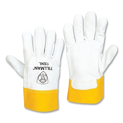 TIG Welding Gloves, 1324, Top Gr Goatskin Palm/BOH/Split Cowhide Cuff, Lg, Pearl/Bourbon Brn, 2 in L Straight Cuff