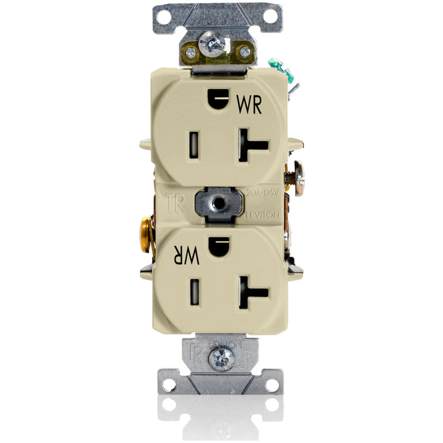 Straight Blade Duplex Receptacle, Tamper-/Weather-Resistant, 20A, 125V, 2P3W, NEMA 5-20R, Self-Grounding, Ivory